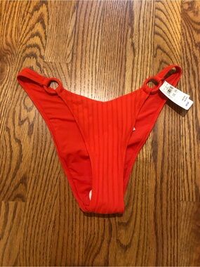 aerie Red Ribbed Bikini Bottom with Ring Detail